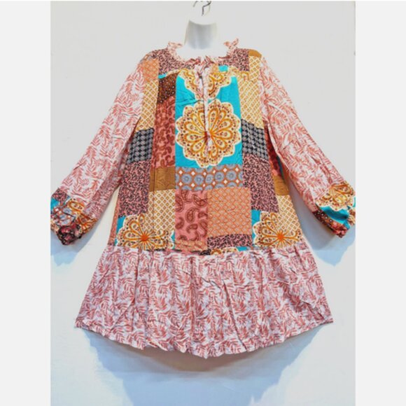 Nwt FUNKY STUFF boho patchlike ruffle rayon short DRESS COVERUP 1X - Picture 1 of 7